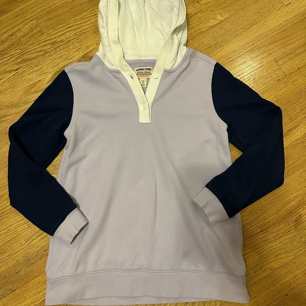 Vintage Lands End “Serious Sweats”Purple with navy blue sleeves and White Hood